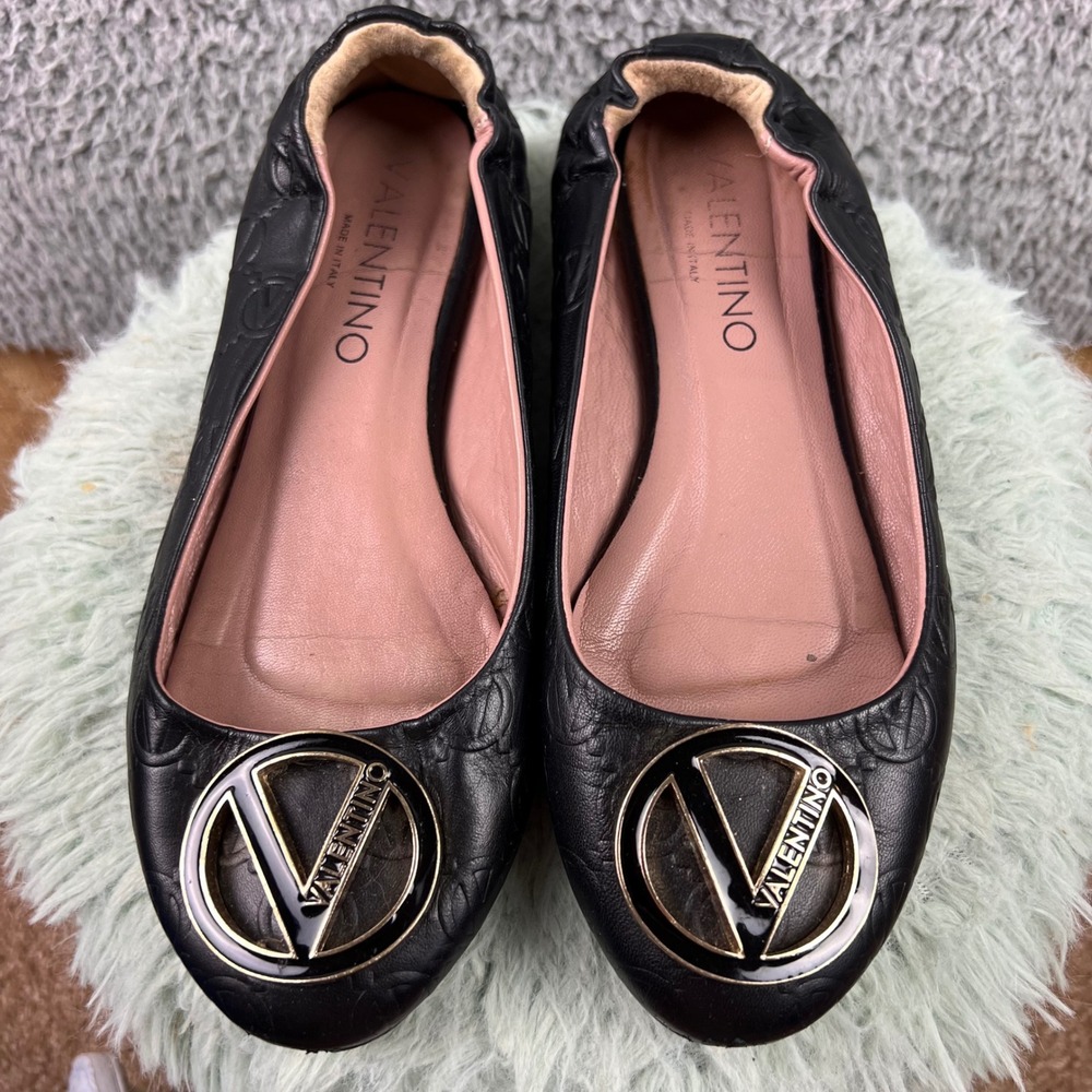 Valentino Black Embossed V Logo Leather Ballet Flats Gold Hardware Size 6 Italy